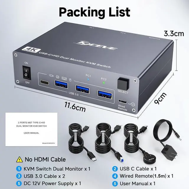 Alt view image 7 of 7 - IHDAPP USB C HDMI KVM Switch 2 PC 2 Monitors, KVM Switch Dual Monitor for Laptop & PC, USB 3.0 Type C MST Dual 4K @ 60Hz, Type-C 60W Charging for Laptop, HDMI KVM Switch USB C with Wired Remote