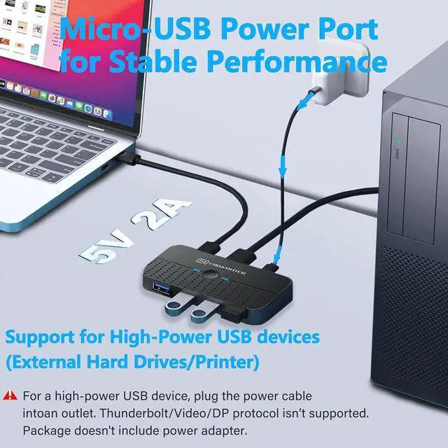 Alt view image 6 of 7 - IHDAPP USB 3.0 Switch 2 Computers Sharing USB C & A Devices, 4 Ports USB Switcher 2 in 4 Out for PC Laptop Mouse Keyboard Printer KVM Switch Selector with 3 USB Cables/1x USB A to USB-C Adapter