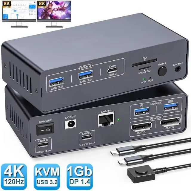 Main image of IHDAPP 8K USB-C Thunderbolt KVM Switch 4K 120Hz 2 Laptops 2 Monitor, Type C 12 IN 1 Docking Station 10Gbps USB, Type C Dual Monitor Displayport KVM Switch for Mac-book 2 PC