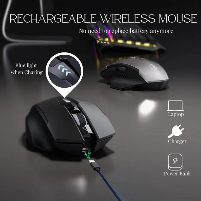 Alt view image 4 of 7 - IHDAPP Wireless Mouse, Rechargeable Mouse Wireless 2.4G USB (Battery Level Visible) Ergonomic Gaming Mouse, 6 Buttons, 3 Levels DPI (1000/1200/1600 DPI), Silent Wireless Mouse for Laptop PC Computer