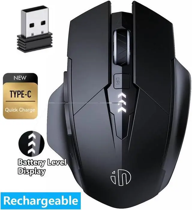 Main image of IHDAPP Wireless Mouse, Rechargeable Mouse Wireless 2.4G USB (Battery Level Visible) Ergonomic Gaming Mouse, 6 Buttons, 3 Levels DPI (1000/1200/1600 DPI), Silent Wireless Mouse for Laptop PC Computer