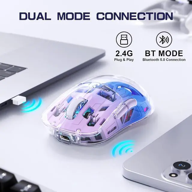Alt view image 3 of 7 - IHDAPP Transparent Wireless Gaming Mouse, Dual Mode BT 5.0/2.4G PC Gaming Mice, PixArt 3212 5 Adjustable DPI, Rechargeable Silent Mouse with Digital Screen, RGB Backlight Mouse for Win/Mac (Purple)