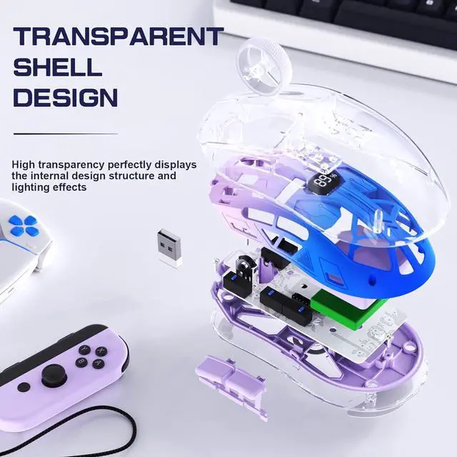 Alt view image 4 of 7 - IHDAPP Transparent Wireless Gaming Mouse, Dual Mode BT 5.0/2.4G PC Gaming Mice, PixArt 3212 5 Adjustable DPI, Rechargeable Silent Mouse with Digital Screen, RGB Backlight Mouse for Win/Mac (Purple)