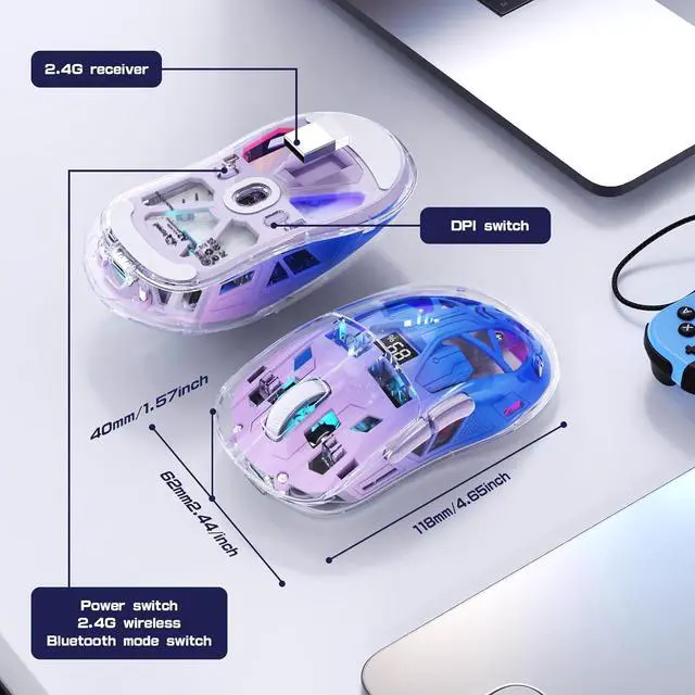 Alt view image 7 of 7 - IHDAPP Transparent Wireless Gaming Mouse, Dual Mode BT 5.0/2.4G PC Gaming Mice, PixArt 3212 5 Adjustable DPI, Rechargeable Silent Mouse with Digital Screen, RGB Backlight Mouse for Win/Mac (Purple)