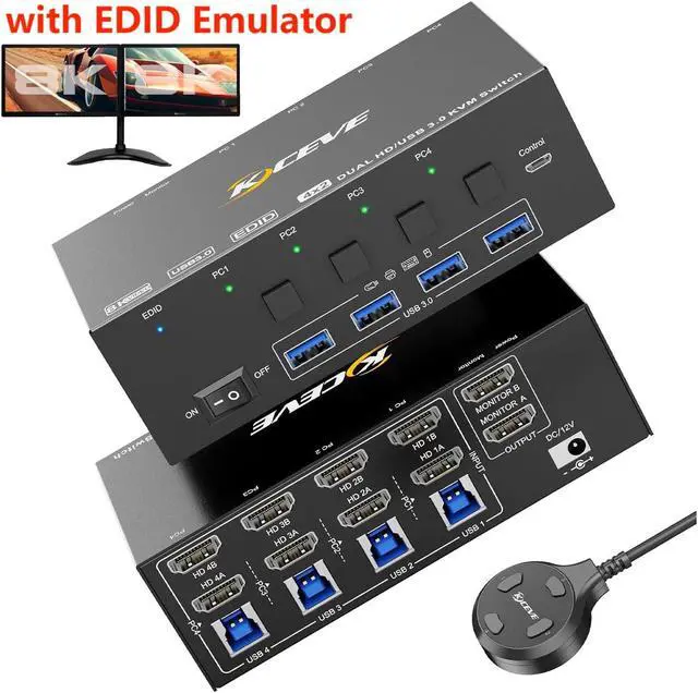 Main image of IHDAPP HDMI KVM Switch 2 Monitors 4 Computers 8K@60Hz 4K@144Hz, USB 3.0 Dual Monitor HDMI KVM Switches for 4 PCs Share 2 Monitors and 4 USB 3.0 Ports, Supports EDID, Share Mouse Keyboard and Monitor