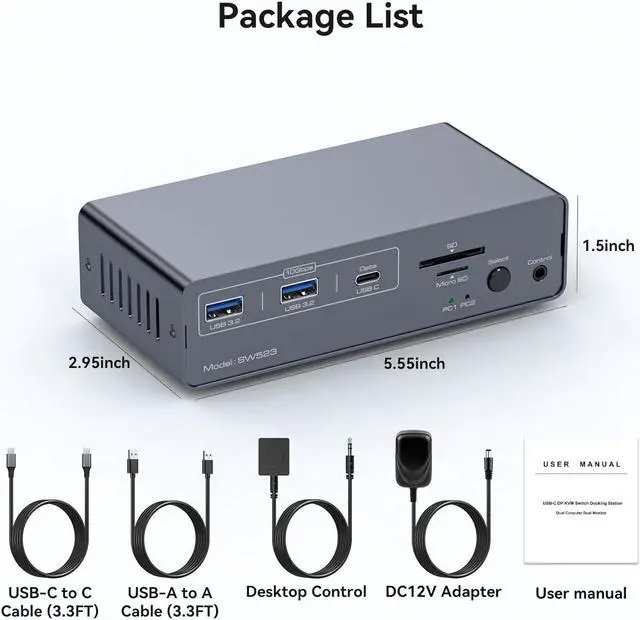 Alt view image 7 of 7 - IHDAPP USB 3.2 USB C Displayport KVM Switch Docking Station, 4K@120Hz, Type C + Displayport KVM Switch Dual Monitor Displayport for 1 Laptop 1 Desktop Share 2 Monitors and USB Devices, 13-in-1 Dock