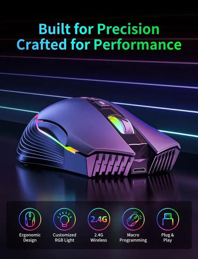 Alt view image 2 of 7 - IHDAPP Wireless Gaming Mouse, 2.4Ghz Connection, 5 RGB LED Backlit Modes, Ergonomic Computer Gaming Mice with 7 Macro Buttons, Adjustable DPI, Rechargeable Office Cordless Mouse for PC/Mac/Laptop