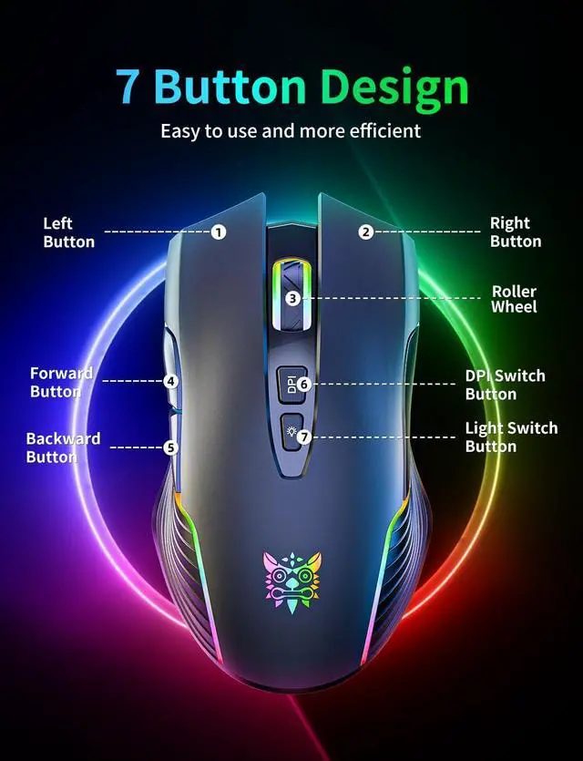 Alt view image 5 of 7 - IHDAPP Wireless Gaming Mouse, 2.4Ghz Connection, 5 RGB LED Backlit Modes, Ergonomic Computer Gaming Mice with 7 Macro Buttons, Adjustable DPI, Rechargeable Office Cordless Mouse for PC/Mac/Laptop