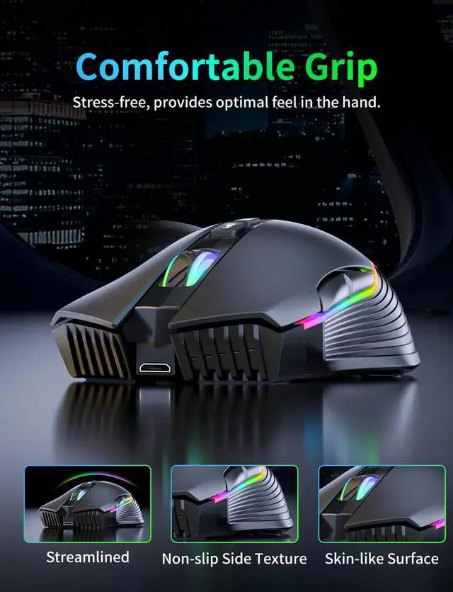 Alt view image 6 of 7 - IHDAPP Wireless Gaming Mouse, 2.4Ghz Connection, 5 RGB LED Backlit Modes, Ergonomic Computer Gaming Mice with 7 Macro Buttons, Adjustable DPI, Rechargeable Office Cordless Mouse for PC/Mac/Laptop