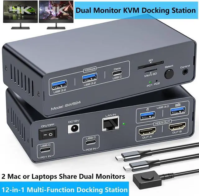 Main image of IHDAPP USB C Docking Station with KVM Switch 2 Monitors 2 Computers 4K@60Hz, HDMI EDID KVM Switches Dual Monitor for 2 Mac or Laptops Share a 1G Ethernet & 5 USB A/C Devices and SD/MicroSD Card Slots