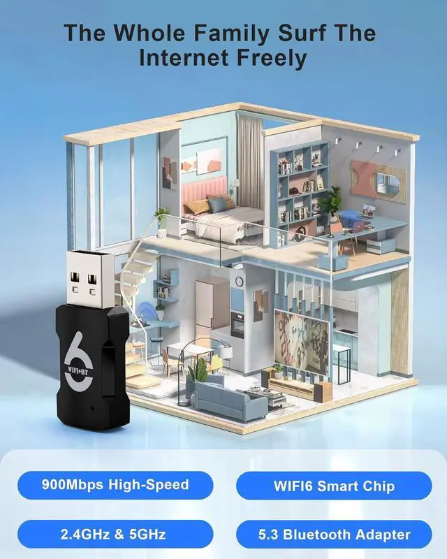 Alt view image 7 of 7 - IHDAPP 2-in-1 USB WiFi Adapter - WiFi Bluetooth Adapter, 900Mbps 2.4/5GHZ Dual Band WiFi and Bluetooth Adapter for PC/Laptop/Desktop, Driver Free Wpa3, WiFi 6 USB Bluetooth 5.3 Adapter, Win 10/11