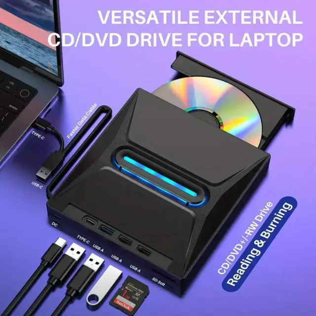 Alt view image 2 of 7 - IHDAPP External CD DVD Drive [6-in-1], Ultra Slim Portable CD Player for Laptop, CD DVD +/-RW Burner CD/DVD Drive with SD Card Reader USB 3.0 Type C Hub Compatible with Laptop PC Windows Linux MacOS