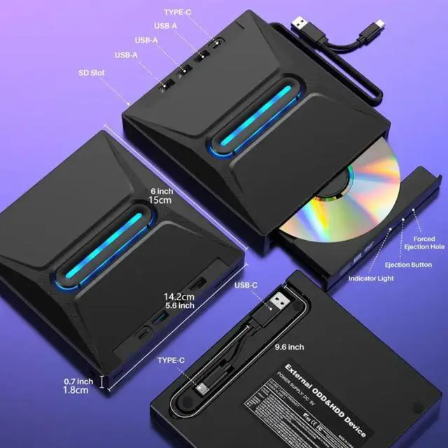 Alt view image 7 of 7 - IHDAPP External CD DVD Drive [6-in-1], Ultra Slim Portable CD Player for Laptop, CD DVD +/-RW Burner CD/DVD Drive with SD Card Reader USB 3.0 Type C Hub Compatible with Laptop PC Windows Linux MacOS
