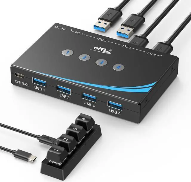 Main image of IHDAPP 4x4 USB 3.0 Switch 4 Computers Sharing USB Peripherals, 4 Port USB Switcher Sharing Mouse Keyboard Scanner Printer, with 3.5mm Headset Jack Audio Out, Includes 4 USB 3.0 Cables and Remote