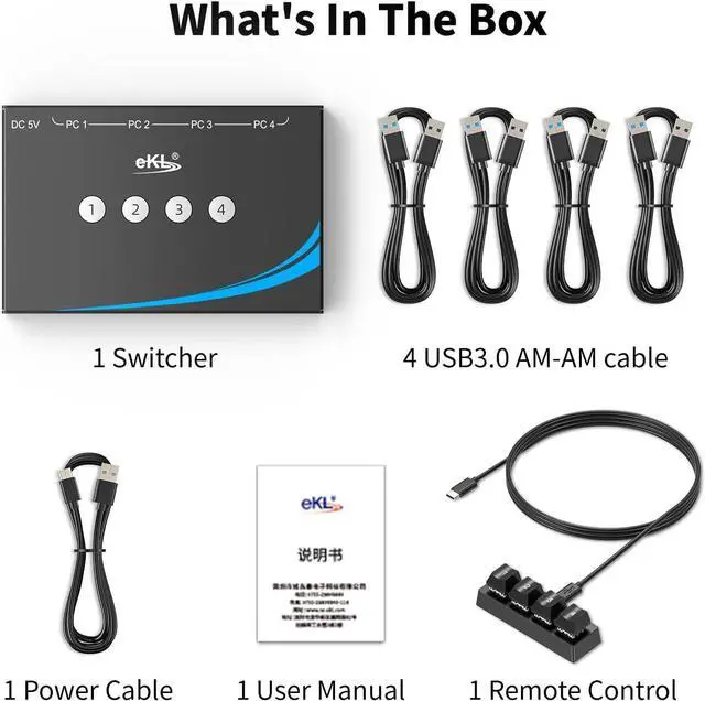 Alt view image 7 of 7 - IHDAPP 4x4 USB 3.0 Switch 4 Computers Sharing USB Peripherals, 4 Port USB Switcher Sharing Mouse Keyboard Scanner Printer, with 3.5mm Headset Jack Audio Out, Includes 4 USB 3.0 Cables and Remote