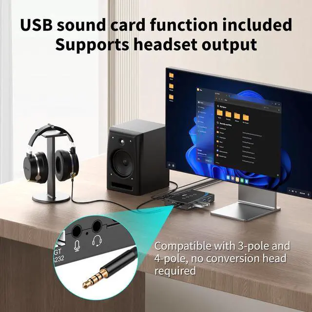 Alt view image 5 of 7 - IHDAPP 4x4 USB 3.0 Switch 4 Computers Sharing USB Peripherals, 4 Port USB Switcher Sharing Mouse Keyboard Scanner Printer, with 3.5mm Headset Jack Audio Out, Includes 4 USB 3.0 Cables and Remote