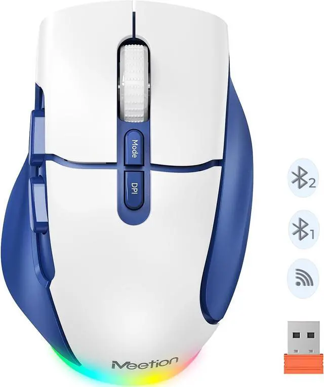 Main image of IHDAPP Wireless Mouse for Laptop, USB 2.4G and Bluetooth Connectivity, 4 Adjustable DPI, Rechargeable, Ergonomic Mouse for Laptops, i-Pad, Compatible with Windows, MacOS, Android, iOS, Blue White