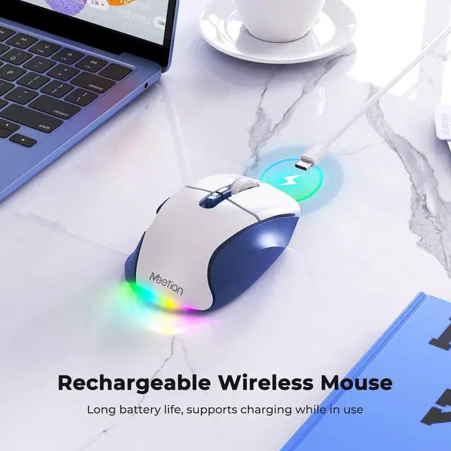 Alt view image 5 of 7 - IHDAPP Wireless Mouse for Laptop, USB 2.4G and Bluetooth Connectivity, 4 Adjustable DPI, Rechargeable, Ergonomic Mouse for Laptops, i-Pad, Compatible with Windows, MacOS, Android, iOS, Blue White