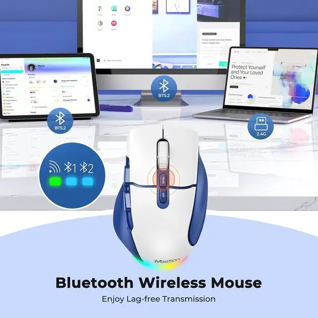 Alt view image 3 of 7 - IHDAPP Wireless Mouse for Laptop, USB 2.4G and Bluetooth Connectivity, 4 Adjustable DPI, Rechargeable, Ergonomic Mouse for Laptops, i-Pad, Compatible with Windows, MacOS, Android, iOS, Blue White