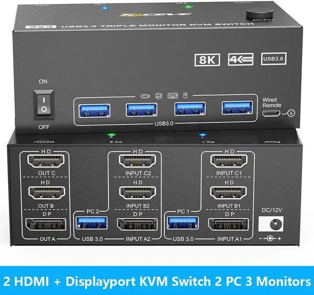 Main image of IHDAPP 2 HDMI + Displayport KVM Switch 3 Monitors 2 Computers, 8K@60Hz 4K@144Hz Triple Monitors KVM Switch for 2 PC Sharing 3 Monitors with 4 USB 3.0 Port for Keyboard Mouse Printer, with Wired Remote
