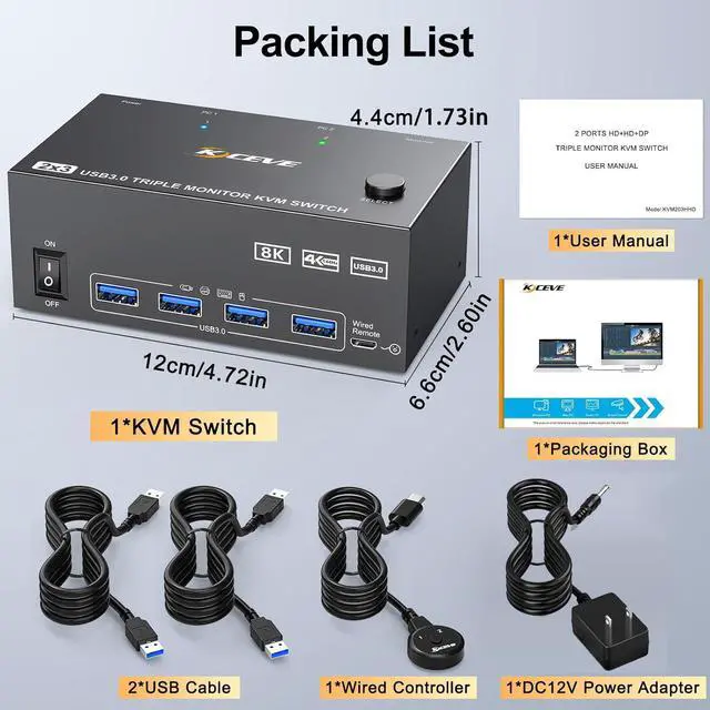 Alt view image 7 of 7 - IHDAPP 2 HDMI + Displayport KVM Switch 3 Monitors 2 Computers, 8K@60Hz 4K@144Hz Triple Monitors KVM Switch for 2 PC Sharing 3 Monitors with 4 USB 3.0 Port for Keyboard Mouse Printer, with Wired Remote