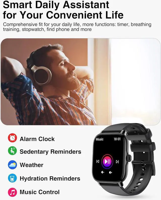Alt view image 5 of 7 - IHDAPP Smart Watch for Men Women - 1.85" Fitness Tracker Watch with Answer/Make Calls, Heart Rate Sleep Monitor, 111+ Sports, Step Counter, IP68 Waterproof Smartwatch Compatible with Android iOS Gifts