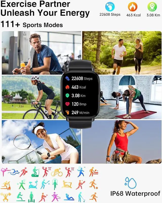 Alt view image 3 of 7 - IHDAPP Smart Watch for Men Women - 1.85" Fitness Tracker Watch with Answer/Make Calls, Heart Rate Sleep Monitor, 111+ Sports, Step Counter, IP68 Waterproof Smartwatch Compatible with Android iOS Gifts