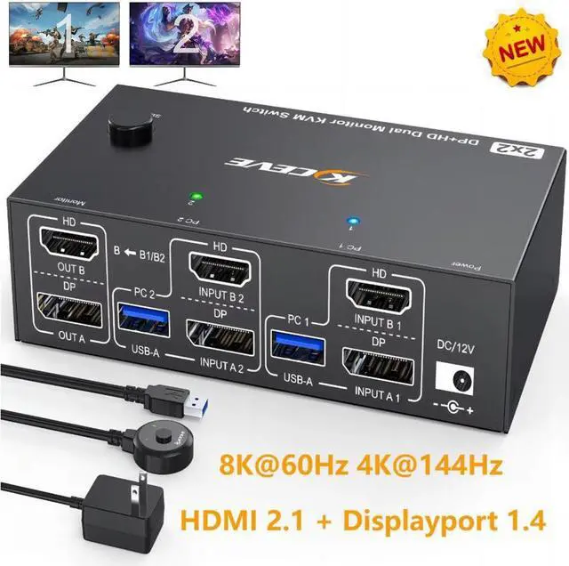 Main image of IHDAPP HDMI + Displayport KVM Switch 2 Monitors 2 Computers, Dual Monitor USB 3.0 DP HDMI KVM Switcher Supports 8K@60Hz for 2 Computers Share Keyboard, Mouse and 2 Monitors, Wired Remote included