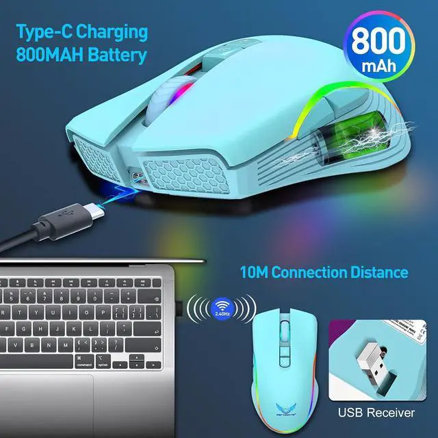 Alt view image 2 of 7 - IHDAPP Rechargeable Wireless Gaming Mouse, RGB LED Backlit Mouse with 4 Adjustable DPI, 7 Button, 2.4G USB Optical Gaming Ergonomic Computer Mice for Laptop PC Gamer Computer Desktop (Green)