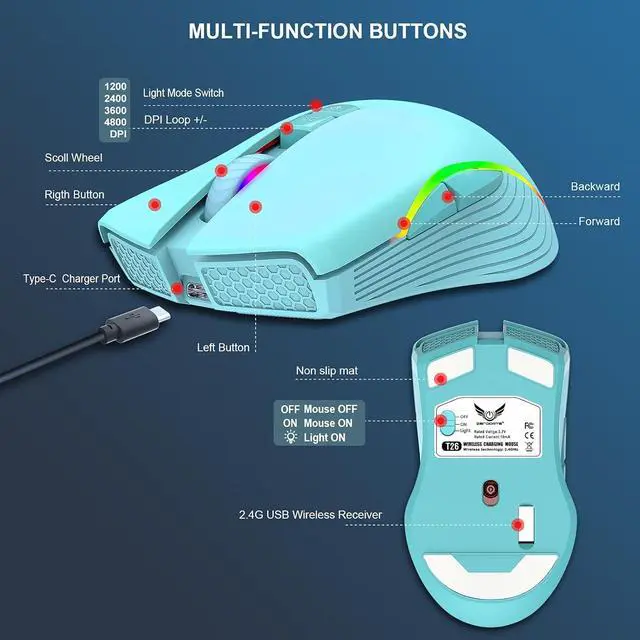 Alt view image 5 of 7 - IHDAPP Rechargeable Wireless Gaming Mouse, RGB LED Backlit Mouse with 4 Adjustable DPI, 7 Button, 2.4G USB Optical Gaming Ergonomic Computer Mice for Laptop PC Gamer Computer Desktop (Green)