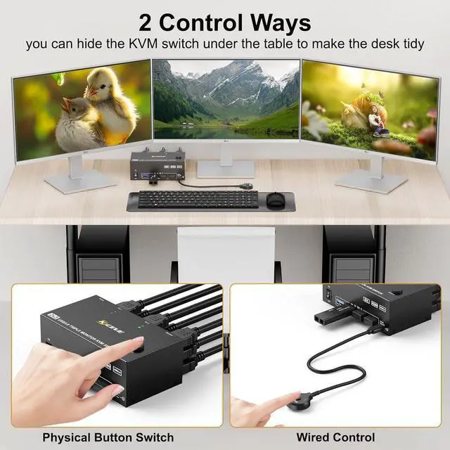 Alt view image 5 of 7 - IHDAPP Triple Monitor KVM Switch 2 PC 3 Monitors, 2 HDMI + 1 DisplayPort USB 3.0 KVM Switch, 8K@30Hz/4K@144Hz KVM Switches for 2 PCs Share 3 Displays and 4 USB 3.0 Devices, Wired Remote
included