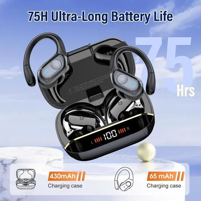 Alt view image 3 of 7 - IHDAPP Wireless Earbuds Bluetooth 5.4 Headphones 75H Playtime Stereo Deep Bass Sports Ear Buds with Earhooks, LED Display Bluetooth Earbuds with 4 ENC Mic, IP7 Waterproof Earphone for Workout/Running