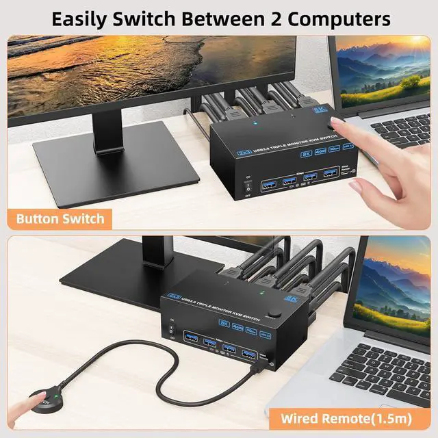 Alt view image 5 of 7 - IHDAPP KVM Switch 3 Monitors 2 Computers 8K@60Hz 4K@144Hz, 1*HDMI+2*DP in, 3*HDMI Out,Triple Monitor KVM Switch with 4 USB 3.0 Ports for USB Devices, Wired Remote,Power Adapter and USB Cables Included
