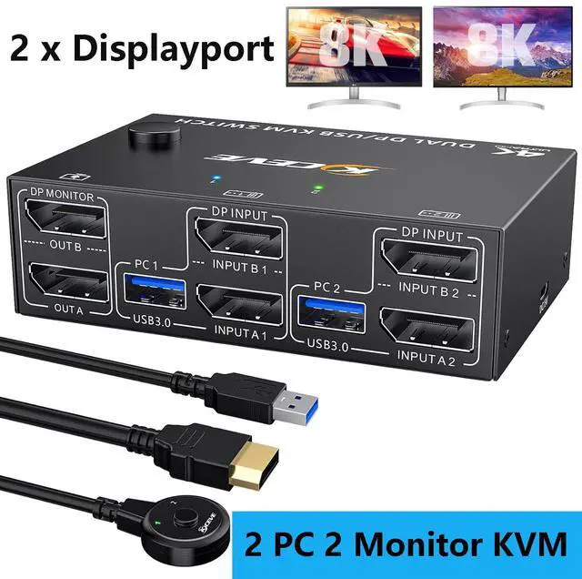 Main image of IHDAPP 2 Port Displayport KVM Switch 2 in 2 Out 8K@30Hz 4K@144Hz, Dual Monitor Displayport USB 3.0 KVM Switch for 2 Computers Sharing 2 Monitor and 4 USB 3.0 Devices, Wired Remote & USB Cable Included