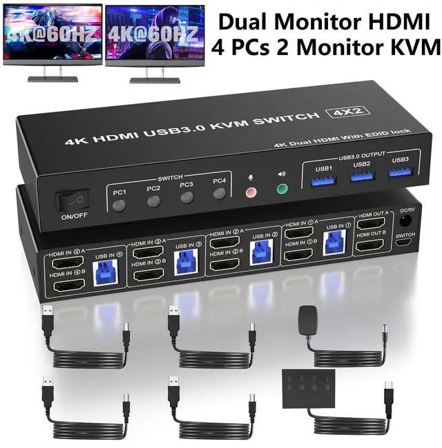 Main image of IHDAPP USB 3.0 HDMI KVM Switch 2 Monitors 4 Computers, Support EDID, 4K@60Hz HDMI KVM Switch Dual Monitor 4 PCs, with Audio Microphone and 3 USB 3.0 Ports, PC Monitor Keyboard Mouse Switcher for 4 PC
