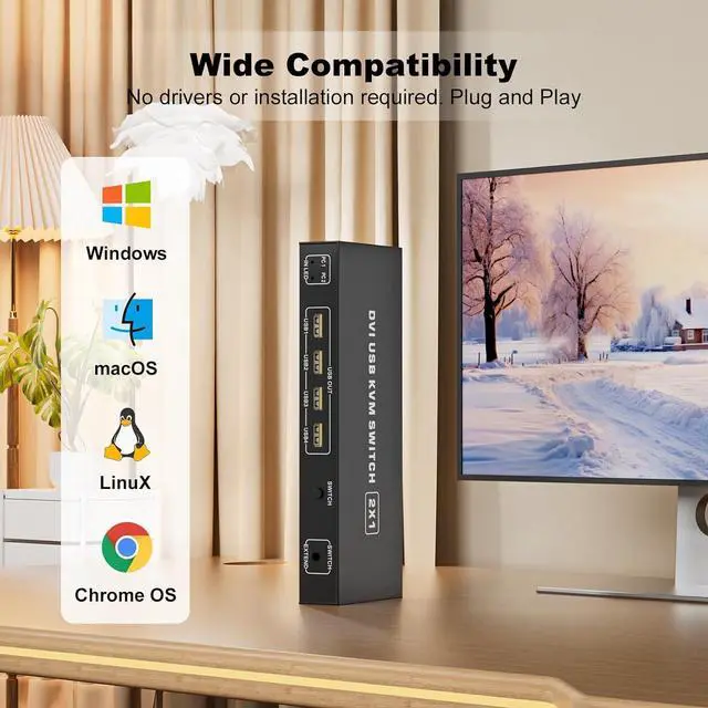 Alt view image 7 of 7 - IHDAPP 2 Ports DVI KVM Switch 1 Monitor 2 Computers 4K@60Hz,USB-B Dual Computers KVM Switch for 2 Computer Share 1 Monitor with 3 USB Ports Sharing Keyboard,Mouse, Printer, with Desktop Controller