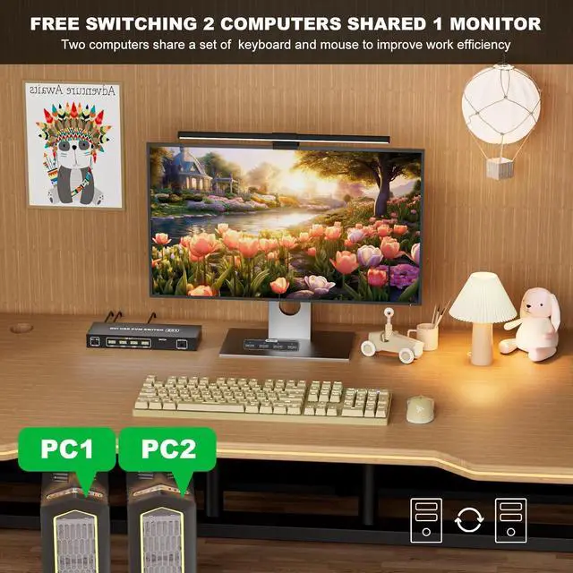 Alt view image 3 of 7 - IHDAPP 2 Ports DVI KVM Switch 1 Monitor 2 Computers 4K@60Hz,USB-B Dual Computers KVM Switch for 2 Computer Share 1 Monitor with 3 USB Ports Sharing Keyboard,Mouse, Printer, with Desktop Controller
