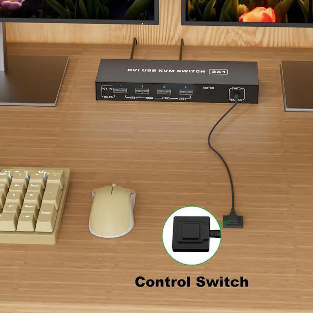 Alt view image 6 of 7 - IHDAPP 2 Ports DVI KVM Switch 1 Monitor 2 Computers 4K@60Hz,USB-B Dual Computers KVM Switch for 2 Computer Share 1 Monitor with 3 USB Ports Sharing Keyboard,Mouse, Printer, with Desktop Controller