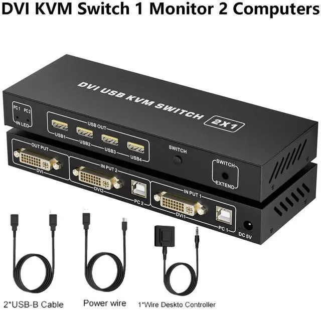 Main image of IHDAPP 2 Ports DVI KVM Switch 1 Monitor 2 Computers 4K@60Hz,USB-B Dual Computers KVM Switch for 2 Computer Share 1 Monitor with 3 USB Ports Sharing Keyboard,Mouse, Printer, with Desktop Controller