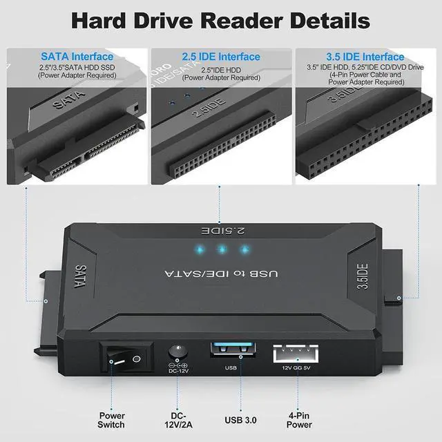 Alt view image 6 of 7 - IHDAPP Hard Drive Reader IDE SATA to USB 3.0 Adapter + USB C Adapter, Internal Hard Drive Data Ultra Recovery Converter Kit with Power Supply for IDE Drive 2.5 SSD 3.5 HDD SATA Internal Blu-ray Drive