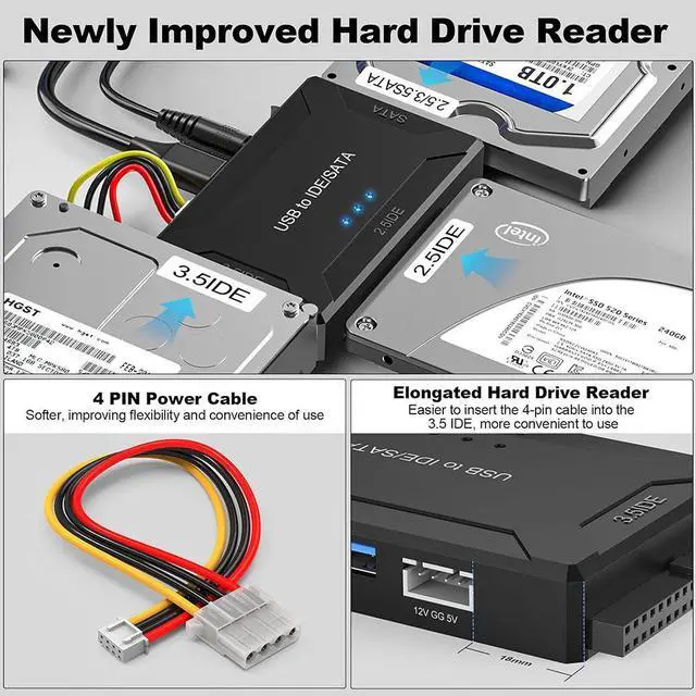 Alt view image 4 of 7 - IHDAPP Hard Drive Reader IDE SATA to USB 3.0 Adapter + USB C Adapter, Internal Hard Drive Data Ultra Recovery Converter Kit with Power Supply for IDE Drive 2.5 SSD 3.5 HDD SATA Internal Blu-ray Drive