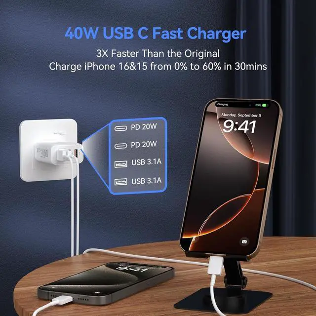 Alt view image 2 of 7 - IHDAPP [2 PACK] USB C Wall Fast Charger Block, 40W 4-Port Type C Charger Fast Charging Blocks PD Power Charger Adapter + QC 3.0 USB Multiport Charger Brick for i-Phone, i-Pad, Android Smartphones