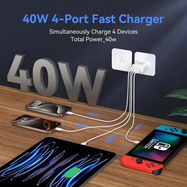 Alt view image 3 of 7 - IHDAPP [2 PACK] USB C Wall Fast Charger Block, 40W 4-Port Type C Charger Fast Charging Blocks PD Power Charger Adapter + QC 3.0 USB Multiport Charger Brick for i-Phone, i-Pad, Android Smartphones
