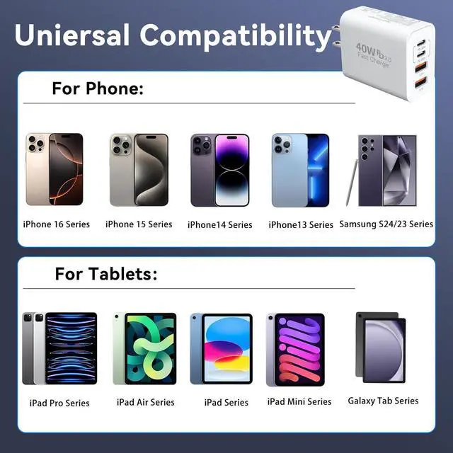 Alt view image 4 of 7 - IHDAPP [2 PACK] USB C Wall Fast Charger Block, 40W 4-Port Type C Charger Fast Charging Blocks PD Power Charger Adapter + QC 3.0 USB Multiport Charger Brick for i-Phone, i-Pad, Android Smartphones