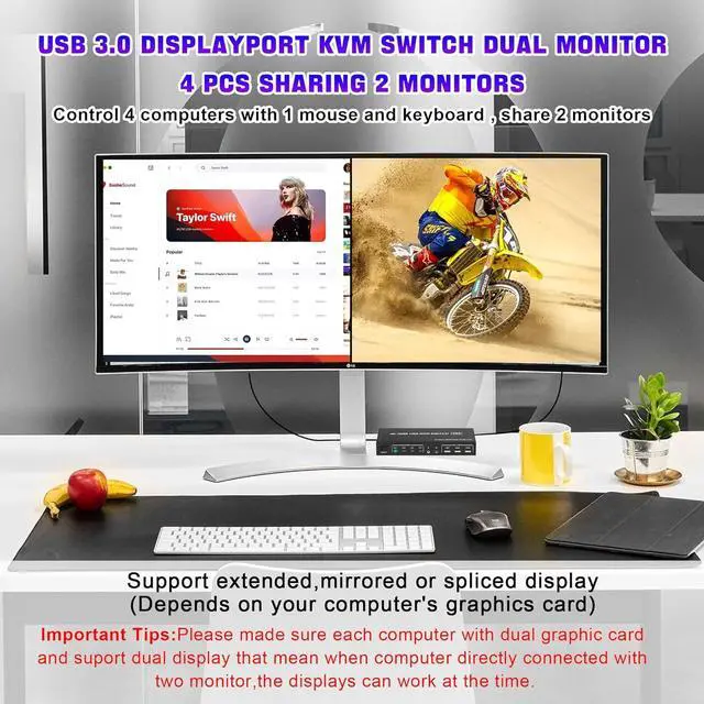 Alt view image 3 of 7 - IHDAPP USB 3.0 Displayport Dual Monitor DP KVM Switch for 4 PCs, 4K@60Hz KVM Switch 2 Monitors 4 Computers, with Audio Microphone Output and 3 USB 3.0 Ports, DP Monitor Switch for 4 PCs 2 Monitors