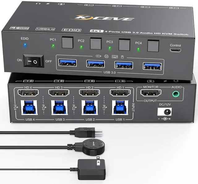 Main image of IHDAPP HDMI KVM Switch 4 Computers 8K@60Hz 4K@144Hz, Simulation EDID, 4 Port HDMI USB 3.0 KVM Switch with Audio for 4 Computer Share 1 Monitor and Keyboard Mouse, Wired Remote, Power Adapter included