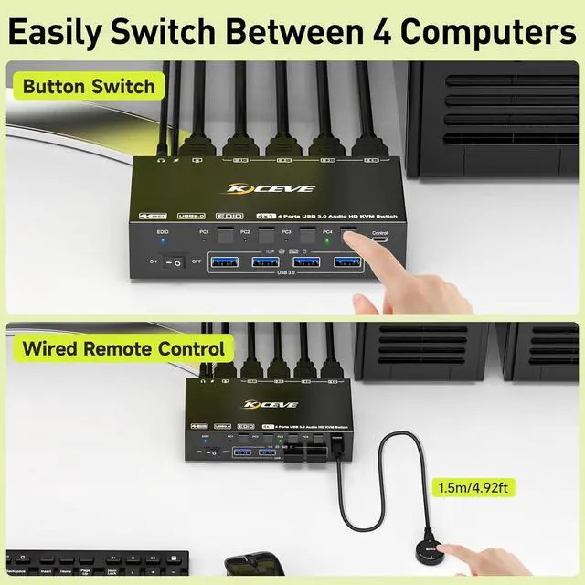 Alt view image 4 of 7 - IHDAPP HDMI KVM Switch 4 Computers 8K@60Hz 4K@144Hz, Simulation EDID, 4 Port HDMI USB 3.0 KVM Switch with Audio for 4 Computer Share 1 Monitor and Keyboard Mouse, Wired Remote, Power Adapter included