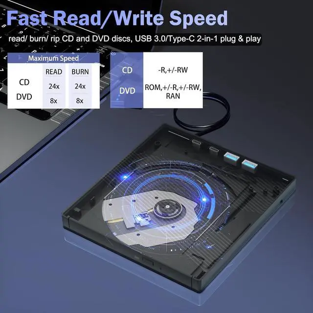 Alt view image 3 of 7 - IHDAPP External CD/DVD Drive for Laptop, 7-in-1 DVD Player for Laptop USB 3.0 & Type-C Portable CD DVD Burner External Disk Optical Drive Compatible with Laptop PC Windows XP/7/8/10, Linux MacOS