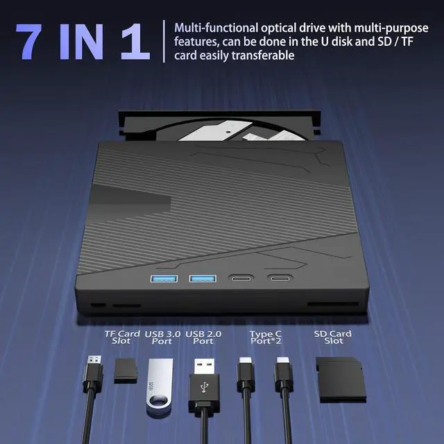 Alt view image 4 of 7 - IHDAPP External CD/DVD Drive for Laptop, 7-in-1 DVD Player for Laptop USB 3.0 & Type-C Portable CD DVD Burner External Disk Optical Drive Compatible with Laptop PC Windows XP/7/8/10, Linux MacOS