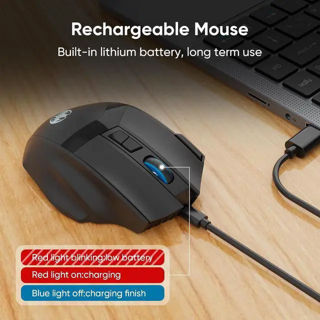 Alt view image 6 of 7 - IHDAPP Wireless Gaming Mouse, Dual-Mode 2.4G/Bluetooth Wireless Mouse, Rechargeable PC Gaming Mice with Fire Button, 4-Level DPI up to 4800dpi, Noiseless Click, 10 Buttons for PC, Mac, Laptop, Tablet